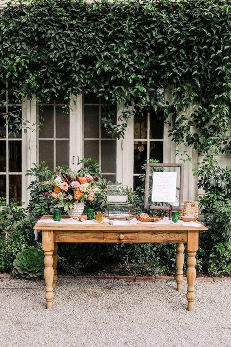 Tropical coral garden wedding at McCormick Ranch Wedding Greeting Table, Tropical Coral Wedding, Wedding Registration Table, Wedding Entry Table, Coral Wedding Ideas, Wedding Gift Table Decorations, Baby Reception, Registration Table, Wedding Welcome Table