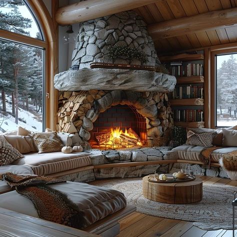 Cabin Tv Room, Giant Fireplace, Sunken Fireplace, Cabin Fireplace Ideas, Round Fireplace, Huge Fireplace, Big Fireplace, Hacks For Home, Cabin Fireplace