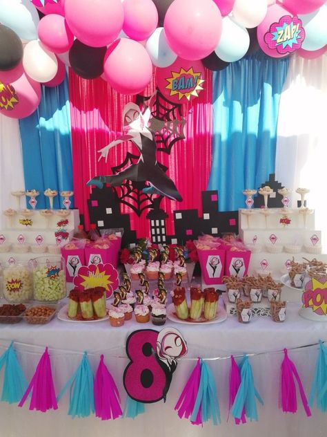 Spider Gwen Party Ideas, Gwen Spiderman Birthday Party, Ghost Spider Gwen Birthday Party, Spidey Ghost Spider Birthday, Gwen Spidey Party, Spider Gwen Party Decorations, Spider Gwen Birthday Party Ideas, Ghost Spider Birthday Party Ideas, Spidey Girls Party