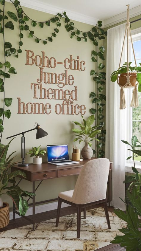 Want a workspace that feels like a jungle escape? 🌱 From jungle theme wallpaper to boho jungle aesthetic accents, you can create a nature-inspired home office! 🍃 Mix safari room decor with earthy textures for that ultimate bohemian office space. 🌴 Curious where to find these unique decor pieces? 🪴🌞🌱 #bohojungle #bohemianofficespace #modernbohoofficedecor #junglehomedecor #earthyhome #junglethemedecor #jungleoffice #jungledecor Boom Boom Room Ideas, Jungle Theme Home Decor, Leafy Wallpapers, Jungle Theme Wallpaper, Bohemian Office Space, Safari Room Decor, Bohemian Home Office, Jungle Oasis, Jungle Aesthetic