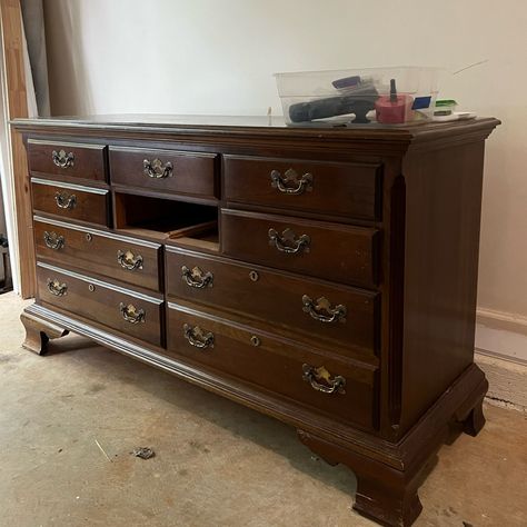 70s Dresser Makeover, Green Painted Dresser, Green Dresser Makeover, Vintage Oak Dresser, Pine Furniture Makeover, Wood Dressers Makeover, Cherry Wood Dresser, Cherry Dresser, Cherry Wood Furniture