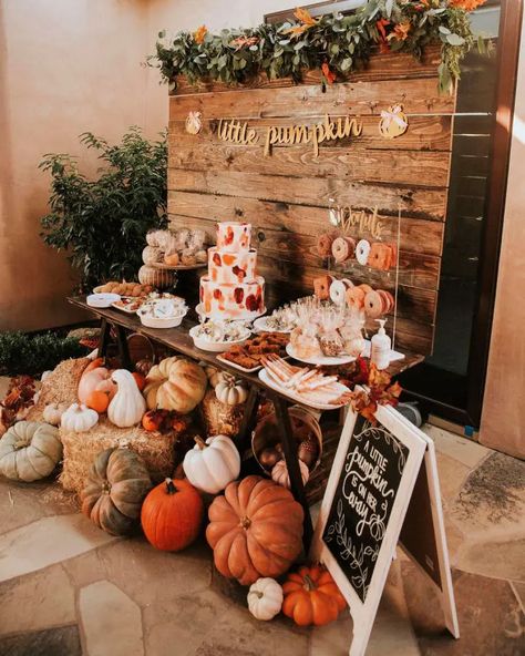 25 Unique Fall Baby Shower Ideas, Themes and Decorations - Blitsy Autum Decorations Birthday, Fall Themed 18th Birthday Party, Fall Themed Bridal Shower Ideas Food, October Baby Shower Themes Boy, Vintage Fall Baby Shower Ideas, A Little Pumpkin Is On The Way Backdrop, Fall Baby Shower Backdrop Ideas, November Baby Showers, Fall Sweet Sixteen Party Ideas