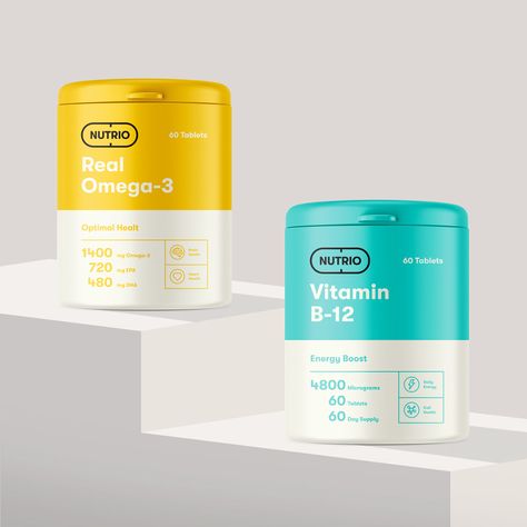 Nutrio - Vitamin & Supplement on Behance Vitamins Packaging Design, Vitamin Packaging Design, Vitamins Packaging, Health Packaging, Medicine Design, Supplement Bottles, Vitamin Brands, Medical Packaging, Impact Design