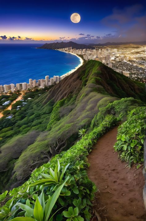 A full-moon hike to Diamond Head's summit reveals Oahu's mystical beauty. Ethereal light bathes the peninsula, canyon, and plateau, offering a timeless, transformative experience. #DiamondHead #Oahu #fullmoon Hawaii Honolulu, Breathtaking Scenery, Hawaii Wall Art, Diamond Head, Honolulu, Oahu, Full Moon, Surrealism, Cityscape