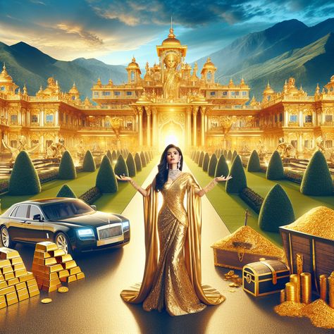 Bask in the splendor of a golden palace, nestled amid lush gardens, under a radiant blue sky. A wealthy man, swathed in luxury, proudly displays his opulence—gold bars, treasure chests, luxury cars. Experience prosperity like never before. Abundance awaits! #WealthManifestation #Luxury #Opulence #Prosperity #GoldenPalace #Abundance. Discover more about wealth manifestations [Here](insert link). Wealth Prosperity Abundance, Vision Board Poster, Abundance Images, Wealthy Man, Golden Palace, Treasure Chests, Lucky Wallpaper, Money Vision Board, Sweet Drawings