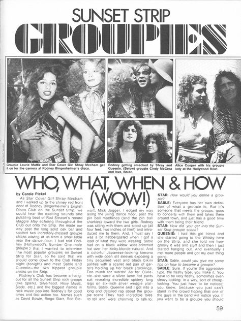 Star Magazine (June 1973) Sunset Strip Groupies Article - Page 1 70s Groupies, Groupie Aesthetic, Disco Club, The Hollywood Bowl, Star Magazine, Sunset Strip, I'm With The Band, Glam Rock, Steam Punk