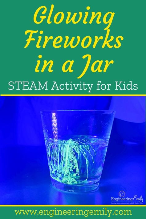 In this amazing experiement you can see "glowing fireworks" inside your cup or jar! To wow your kids with science, all you need is turmeric, isoproply alcohol, and a blacklight. Check out the blog post for the step-by-step guide and all the science behind this spectacular experiment!   #glowingscience #glowexperiment #stemathome #scienceexperiment #stemforkids #scienceforkids #stayathomemom #fireworks #glowing #scienceisfun #scienceismagic #blacklight Fireworks In A Jar Experiment, Glow Day Stem Activities, Glow In The Dark Stem Activities, Fire Experiment, Fireworks In A Jar, Star Science, Stem Programs, Fun Family Photos, Family Schedule