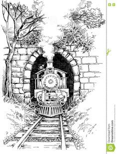 Illustration about Steam train in tunnel drawing. Illustration of railway, pasture, forest - 73280946 Train Sketch, Train Artwork, Stylo Art, Train Drawing, Landscape Pencil Drawings, Pen Art Drawings, Arte Van Gogh, Train Art, Old Train