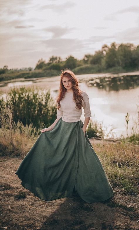 Maxi Linen Skirt With Tie Belt, Heavy Weight Linen Skirt, A-line High-waisted Boho Skirt, Flowy Linen Skirt, Plus Size Long Linen Skirt - Etsy Homestead Fashion Clothes, Curvy Maxi Skirt Outfit, Prairie Skirt Outfit, Farmcore Fashion, Cottage Core Fashion Aesthetic, Modest Looks, Maxi Linen Skirt, Modest Feminine, Linen Wrap Skirt