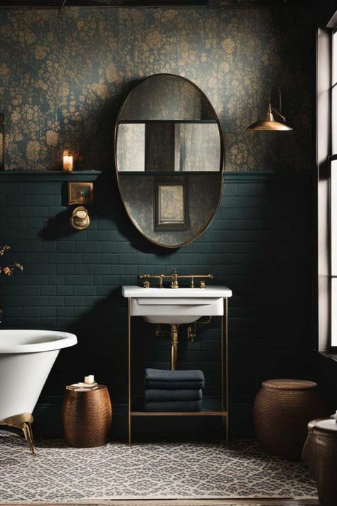 Moody Vintage Bathroom Ideas Moody Bathrooms, Bar Restroom, Moody Bar, Small Dark Bathroom, Apartment Bathroom Decor Ideas, Apartment Bathroom Decor, Moody Paint, Vintage Bathroom Ideas, Moody Bathroom