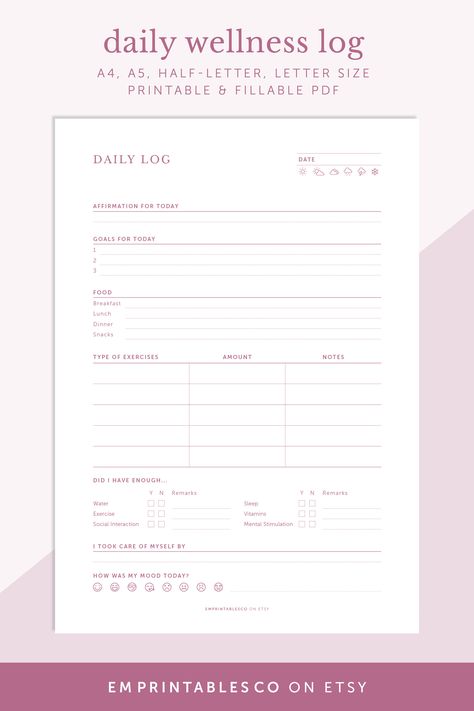 This printable daily wellness log is your go-to tool for holistic self-care. With dedicated sections to track your daily meals and exercise, you can easily monitor your progress and make informed choices to support your wellness journey. The log also includes spaces to record daily affirmations, set goals, and track your mood, allowing you to cultivate a positive mindset and stay focused on your well-being. Exercise Journal, Sleep Exercise, To Do Planner, Journal Daily, Daily Mood, Health Planner, Planner Printables, Wellness Journey, Set Goals