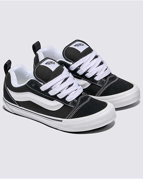 Youth Knu Skool Shoe in Black / True White | Vans Chunky Vans Shoes, Vans Chunky Shoes, Black Cute Shoes, Big Laces Shoes, Cute Shoes For Wide Feet Women, Shoes With Big Laces, Sims 4 Vans Cc, Vans New Skool, New School Vans