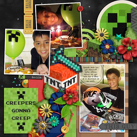 Minecraft Scrapbook, Minecraft Layouts, Boy Scrapbook Layouts, Birthday Scrapbook, Minecraft Birthday, Creepers, Scrapbook Ideas, Digital Scrapbook, Scrapbook Layouts