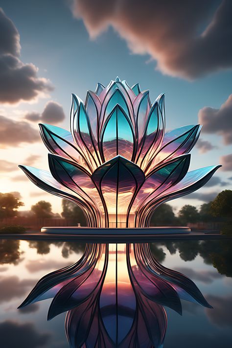 A beautiful glass building made in the shape of very large glass lotus flower iridescent Lotus Building Architecture, Flower Shaped Building, Flowers In Architecture, Flower Inspired Architecture, Flower Building Architecture, Lotus Interior Design, Lotus Architecture, Lotus Building, Lotus House