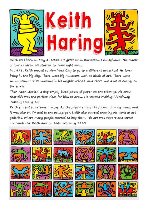 Keith Haring Project, Middle School Art History Projects, Keith Haring Art Lesson, Graffiti Art Lesson, 7th Grade Art Projects, Art Club Projects, Elementary Art Lessons, Art Teacher Resources, Art Handouts