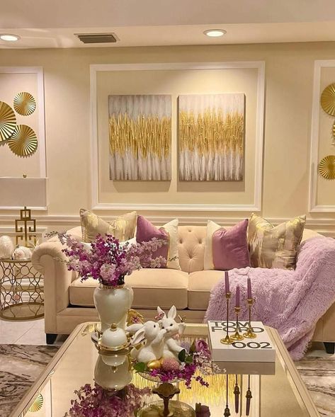 Beige And Purple Living Room, Purple And Gold Living Room Decor, Beige Purple Living Room, Purple And Gold Home Decor, Gray Beige Purple Living Room, Romantic Purple Gold Room, Tan Living Room, Pink Living Room Decor, Family Room Layout