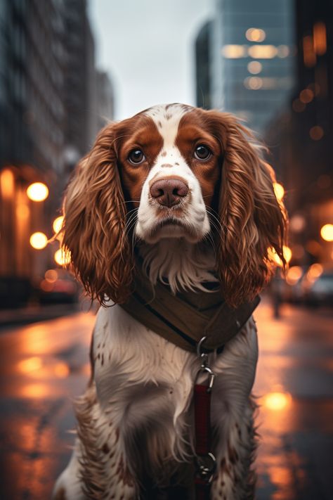 a photography of a cocker dog in a city background, street and buildings. Spaniel Photography, Dog Photography Creative, Fun Editorial, Urban Dog, Dogs Photography, Dog Frames, Dog Photoshoot, City Dog, I Like Dogs