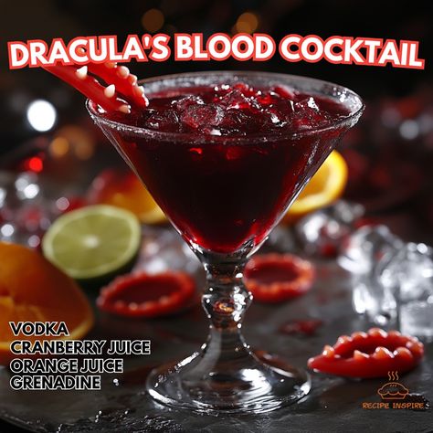 🧛‍♂️🩸 Sip on something wicked with Dracula's Blood Cocktail! A chillingly delicious drink perfect for Halloween festivities! #SpookyCocktails Dracula's Blood Cocktail Ingredients: Vodka (1 ½ oz) Cranberry juice (2 oz) Orange juice (1 oz) Grenadine (½ oz) Fresh lime juice (½ oz) Ice cubes (for serving) Red gummy fangs (for garnish, optional) Instructions: In a cocktail shaker, combine vodka, cranberry juice, orange juice, grenadine, and lime juice with ice. Shake well until chilled. Strain... Blood Cocktail, Grenadine Recipe, Cranberry Juice And Vodka, Vodka Cranberry, Orange Vodka, Halloween Festivities, Something Wicked, Cocktail Ingredients, Halloween Drinks