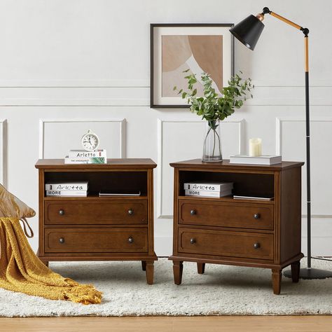 PRICES MAY VARY. MID CENTURY MODERN LOOK - The overall drawer dresser set of 2 features a vintage texture to create a more welcoming and elegant living space. The unique handles add a hint of aesthetic, with understated hues to incorporate all styles effortlessly. AMPLE STORAGE SPACE - The bedside table set of 2 has a storage space of 2 drawers and 1 open self, which is spacious enough to help you organize your room and meet different storage needs. You can place frequently used items on the tab Nightstands Ideas Bedside Tables, Space Dresser, Transitional End Tables, Farmhouse Nightstand, Tall Nightstands, Bedside Table Set, Nightstand With Charging Station, Bedside Table Design, Nightstand Set Of 2