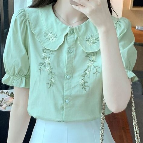 US $13.67 40％ Off | Sweet Peter Pan Collar Spliced Ruffles Embroidery Shirt Women's Clothing 2023 Summer New Casual Tops Loose Office Lady Blouse Types Of Tops, Cutesy Outfits, Pan Collar Blouse, Blouse For Work, Peter Pan Collar Shirt, Cottagecore Clothes, Peter Pan Collar Blouse, Clothing Projects, True Spring