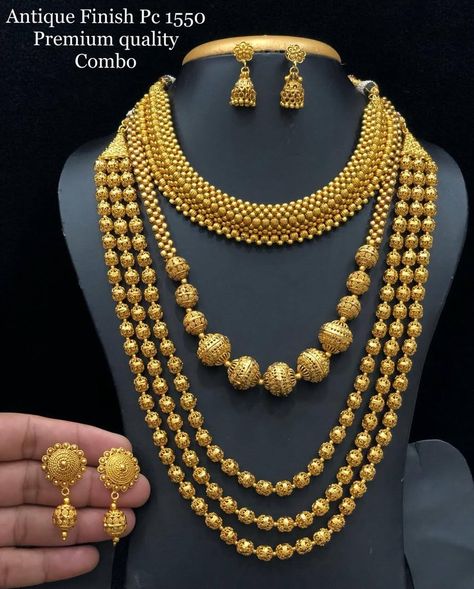 Antique  long layered mala gold finish with earrings  with combo of short mala ,close necklace and earrings . WhatsApp messages to 9176125330 for more info.  No calls