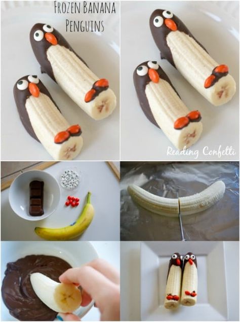 18 Genius Food-Serving Hacks: How to Get Your Kids to Eat Healthy Fruit and Veggies {DIYnCrafts Exclusive} Penguin Bananas, Banana Penguins, Banana Animals, Kid Lunches, Kid Recipes, Fruit And Veggies, Fruit Animals, Penguin Party, Food Art For Kids