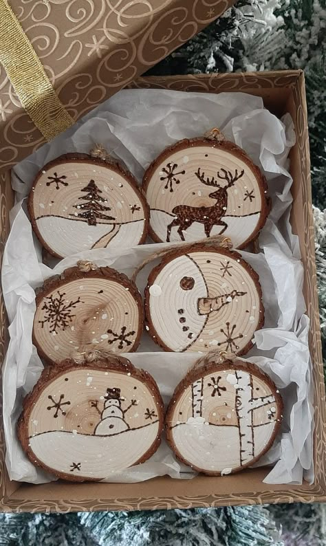 Wood
Wood burned design
Handpainted Xmas Wood Ornaments, Wooden Ornaments On Tree, Wooden Craft Ornaments, Christmas Tree With Wood Ornaments, Wood Xmas Ornaments Diy, Holiday Wood Ornaments, Diy Wood Burned Ornaments, Tree Branch Ornaments Wood Slices, Christmas Crafts Wood Slices