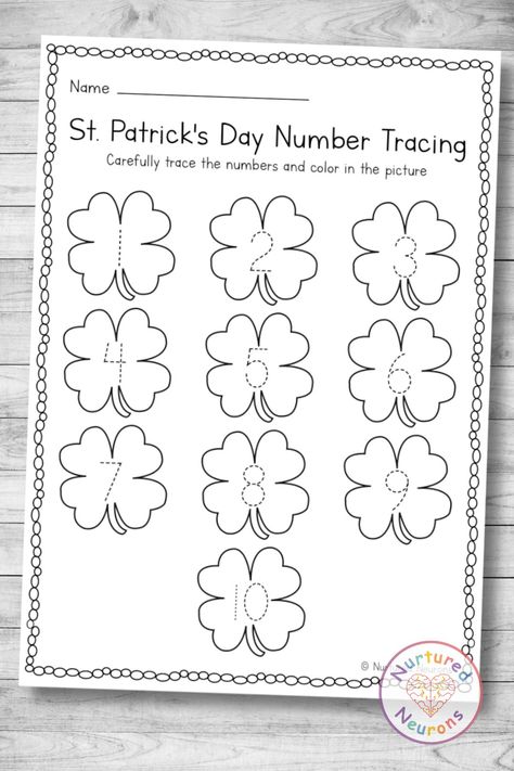 Practice writing the numbers from 1-10 with this St Patrick's Day themed number formation page. This number tracing printable is great for improving pencil control and number formation and they can color in the lucky shamrocks when they're done. #stpatricksday #stpatricksdaylearning #numbertracing #numbertracingworksheets #kinder #preschool #kindergartenworksheets March Preschool Worksheets, St Patricks Activities, March Lesson Plans, Sant Patrick, Worksheet Preschool, March Themes, Maths Paper, Preschool Language, St Patrick Day Activities