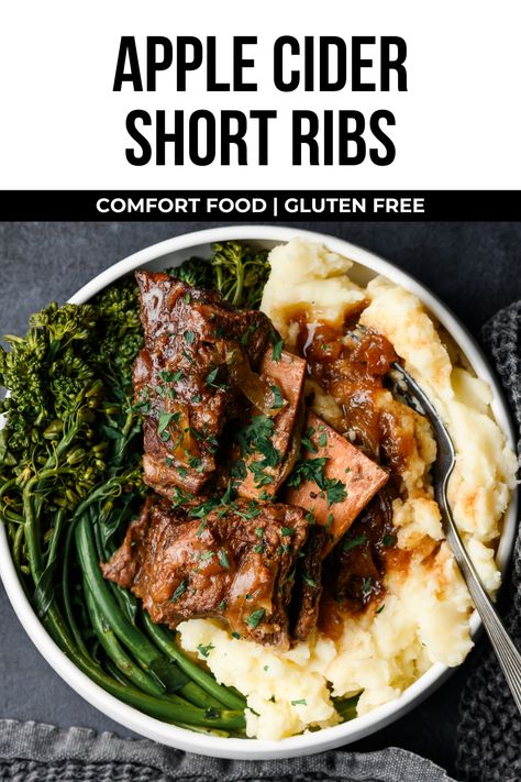 This easy apple cider short ribs recipe is a comfort food win! Slowly braised in the oven, these Dutch oven short ribs will cook to perfection while you go about your day. This recipe uses no wine for a slightly sweet, savory braised beef meal that tastes incredible! Apple Cider Short Ribs, Braised Short Ribs No Wine, Boneless Short Ribs Recipe Instant Pot, Short Ribs No Wine, Dutch Oven Gluten Free Recipes, Keto Dutch Oven Recipes, Short Rib Crockpot Recipes, Braised Short Ribs Dutch Oven, Beef Short Ribs Dutch Oven