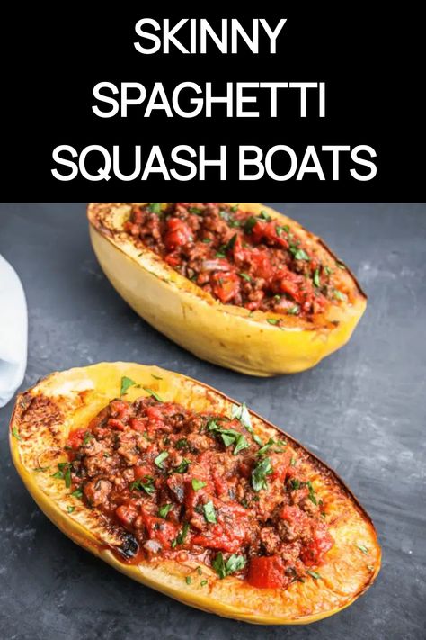 Skinny spaghetti squash boats filled with ground meat sauce and garnished with fresh herbs. Spaghetti Squash With Turkey, Low Carb Pesto, Spaghetti Squash Boats, Pesto Spaghetti Squash, Spaghetti Squash Boat, Squash Boats, Turkey Mince Recipes, Home Made Sausage, Minced Meat Recipe