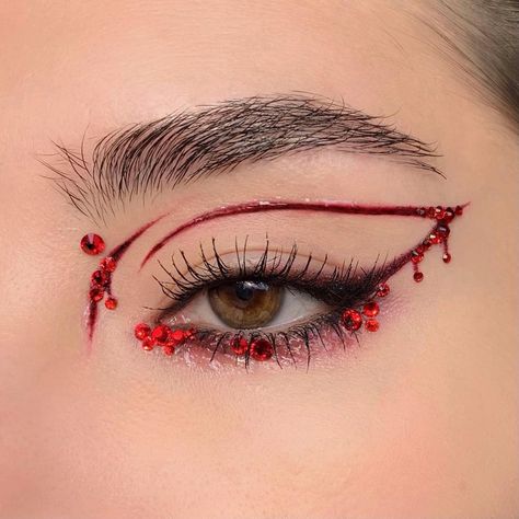 Red Rhinestone Eye Makeup, Textured Makeup, Anime Inspired Makeup, Spooky Makeup, High Fashion Makeup, Cherry Crush, Halloween Makeup Inspiration, Red Makeup, Colourpop Cosmetics