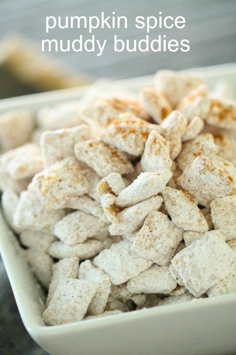 Pumpkin Spice Muddy Buddies | Six Sisters' Stuff These Pumpkin Spice Muddy Buddies are a fun twist on traditional "puppy chow" using white chocolate, powdered sugar, cinnamon, nutmeg and pumpkin pie spice. Whether for Halloween or a tasty fall treat, these muddy buddies are sure to be a hit. #pumpkinspice #muddybuddies #halloween #sixsistersrecipes Puppy Chow Chex Mix, Puppy Chow Chex, Puppy Chow Chex Mix Recipe, Chex Mix Puppy Chow, Chex Mix Recipe, Muddy Buddies Recipe, Puppy Chow Recipes, Six Sisters Stuff, Chex Mix Recipes