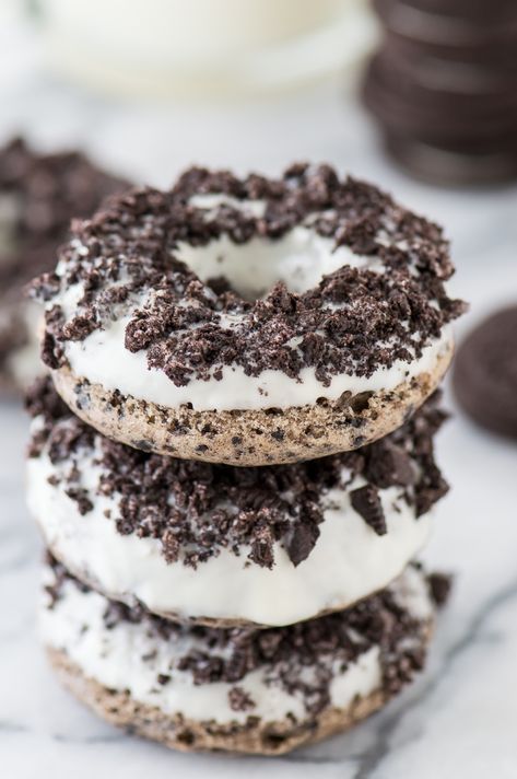 Oreo Overload Donuts | The First Year Oreo Donut, Oreo Dessert Easy, Oreo Donuts, Oreo Desserts, Homemade Donuts Recipe, Baked Donut Recipes, Donut Recipe, Oreo Recipes, Crushed Oreos