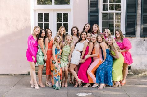 Rainbow Themed Bachelorette Party, Bright Color Party Outfit, Colorful Bachelorette Outfits, Bachelorette Neon Outfits, Floral Bachelorette Party Outfits, Bright Bachelorette Party Outfits, Rainbow Bachelorette Party Outfit, Colourful Bachelorette Party, Group Party Outfits