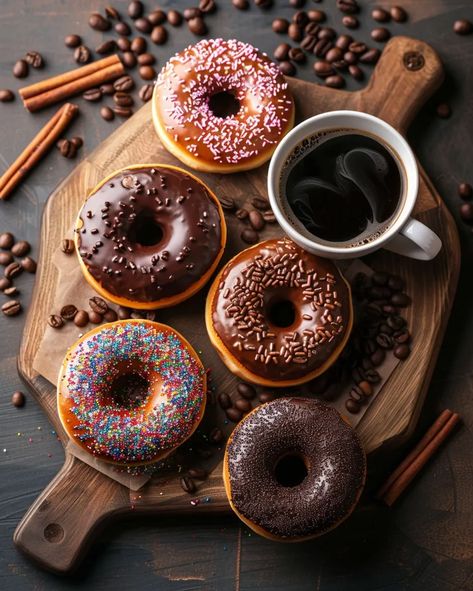 There are five donuts and a cup of coffee on the table. The donuts are arranged in a circle around the coffee cup ->> more details in ai-img-gen.com Pink Sprinkles, Chocolate Donut, Burnt Coffee, Glazed Donut, Coffee And Donuts, Chocolate Donuts, Dunkin Donuts Coffee, Rainbow Sprinkles, A Cup Of Coffee