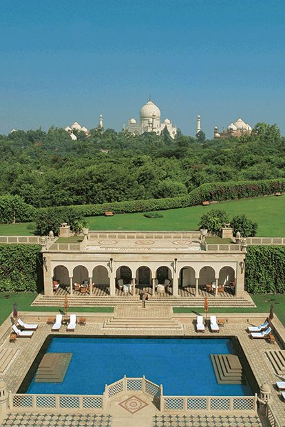 5 Star Hotels & Resort in Agra near Taj Mahal | The Oberoi Amarvilas, Agra Hotels Exterior, Rajasthan Aesthetic, Garden Sleeve Tattoo, Oberoi Amarvilas, Manor Exterior, Indian Monuments, Hindu Architecture, Gardening Drawing, Resort Interior Design