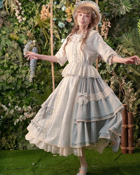 🤩Embrace you elegance with our Mori Kei daily outfit. 👗Full set includes blue cotton blouse and tea-length skirt. 👉Search' FWIN-101' on devilinspired.com #devilinspired #eglcommunity #classiclolitafashion #morikeifashion #lolitacoord #outfitinspiration Mori Kei Fashion, Tea Length Skirt, Steampunk Fashion Male, Gothic Skirts, Mori Kei, Outfits With Hats, Tea Length, Lolita Dress, Blouse Patterns