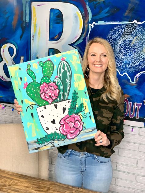 Diy Cactus, Painted Canvases, Wine And Canvas, Paint Parties, Cactus Painting, Acrylic Painting Lessons, Texas Art, Sausage Soup, Summer Painting