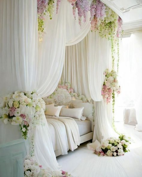 Blanca Roza on Instagram: "Entering Dreamland 🤍 #dreamers #dreamland #wonderland #inmydreams #ethereal #etherealaesthetic #ethereal_moods #softaesthetic…" White Floral Bedroom, Bilik Pengantin, Soft Room Decor, Floral Bedroom, Crafts Origami, Fairy Home, Events Decor, Dreamy Whites, Flower Room