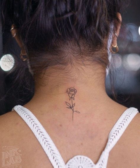 Nape Neck Tattoos Women, Rose Back Of Neck Tattoo, Flower Back Neck Tattoo, Upper Neck Tattoo For Women, Dainty Back Of Neck Tattoo, Dainty Back Of Neck Tattoos For Women, Rose Tattoo Back Of Neck, Nape Tattoo Women Minimalist, Neck Tattoos Women Back Of