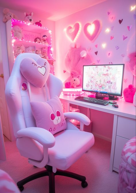 Hello Kitty Setup, Pink Gaming Setup, Kawaii Room Ideas, Gaming Bedroom, Small Game Rooms, Best Gaming Setup, Pink Girl Room, Pink Games, Gamer Room Decor