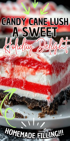 Candy Cane Lush: A Sweet Holiday Delight Candy Cane Desserts, Aip Paleo Desserts, Candy Cane Dessert, Lush Dessert, Layered Dessert, Dairy Free Cream, Freshly Baked Bread, Sharing With Friends, Chocolate Sandwich Cookies