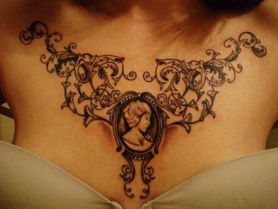 Victorian Chest Tattoo, Victorian Tattoos, Cameo Tattoo, Luck Tattoo, M Tattoos, Chest Tattoos, Vine Tattoos, Chest Piece Tattoos, Lace Tattoo