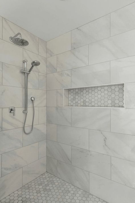 31 Best Shower Tile Combinations You Must Try - Drop By My Home Showers With Shelves, Lowes Shower Tile Ideas, Cheap Tile Shower Ideas, Grout Less Shower Walls, Timeless Bathroom Tile Combinations, Wavy Tile Bathroom Showers, Ceramic Bathroom Tile Ideas, Big Tiles Bathroom, Walkin Shower Tile Ideas