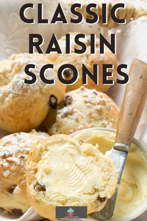 Classic Raisin Scones Classic raisin scones, perfect served with an afternoon tea. Eat with butter, clotted cream, and jam. Easy recipe to give you fluffy, well-risen moist scones. Oat Flour Scones Recipe, Raisin Scones Recipe, Moist Scones, Fruit Scones Recipe, Sour Cream Scones, Raisin Scones, English Scones, Great British Food, Blueberry Tea