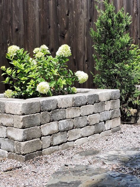 Planters For Driveway Entrance, Stone Planters Ideas, Stone Planters Front Yard, Diy Stone Planter Boxes, Diy Brick Planter, Planter Boxes In Front Of House, Paver Planter Boxes, Front Yard Planter Boxes, Brick Planters Front Of House