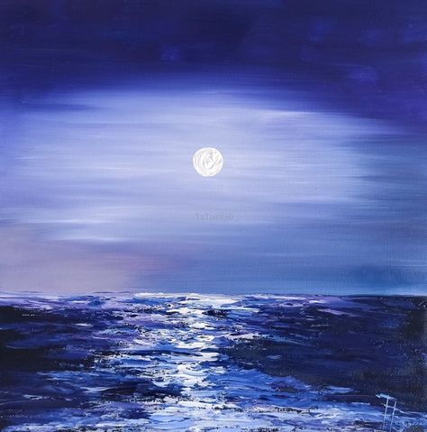 Moonlit Ocean Painting, Night Sky Oil Painting, Moonlight Beach Painting, Moonlight On Water Painting, Moonlight Painting Night Skies, Moon Over Ocean Painting, Ocean At Night Painting, Blue Monochromatic Painting, Night Sea Painting