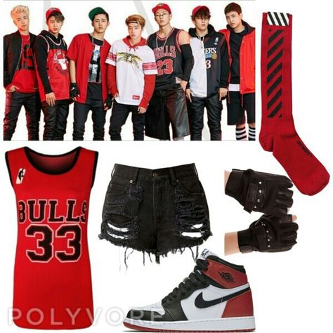 Inspired outfit. Ikon - rhythm ta Ikon Outfits Inspired, Ikon Outfits, Rhythm Ta, White Socks, White Sock, Kpop Fashion, Leather Gloves, Print Top, Concert Outfit