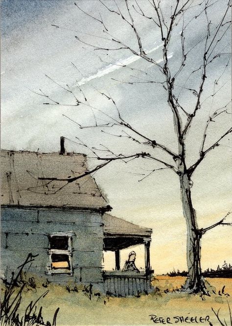 Line And Wash Watercolor, Peter Sheeler, Line And Wash, Watercolor Barns, Watercolor Instruction, Pen And Wash, Watercolor Architecture, Welcome To My World, 수채화 그림