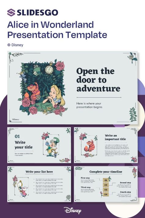 This template features Alice, the Mad Hatter, the Cheshire Cat, and other beloved characters from the classic Disney film. It's perfect for presentations about Alice in Wonderland, the film, or the Free Ppt Template, Alice In Wonderland Disney, The Cheshire Cat, The Mad Hatter, Disney Film, Beginning Writing, Creative Powerpoint, Business Templates, Cheshire Cat